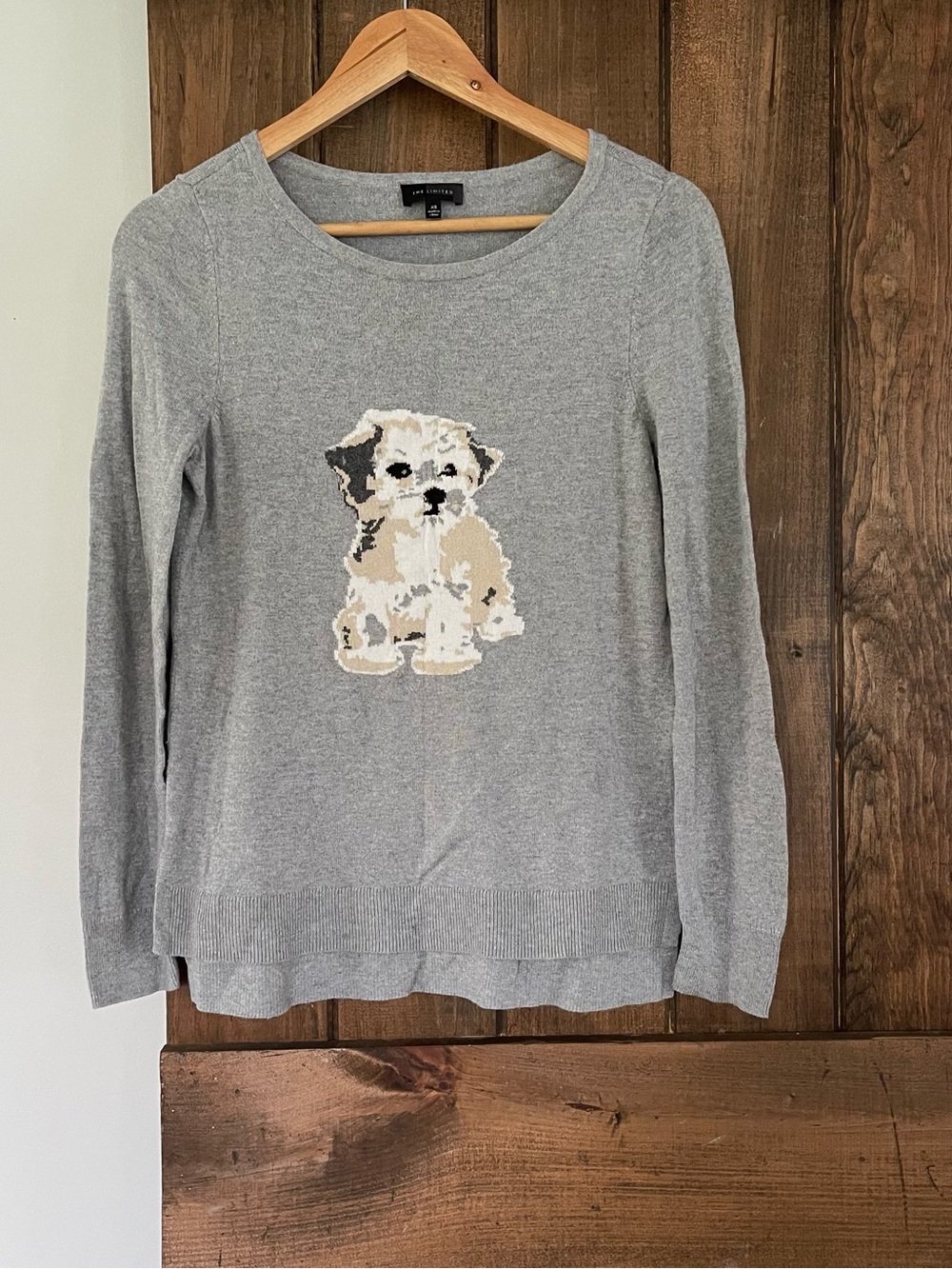 The Limited Gray Cream Intarsia Puppy Lightweight Sweater XS Kitsch Novelty